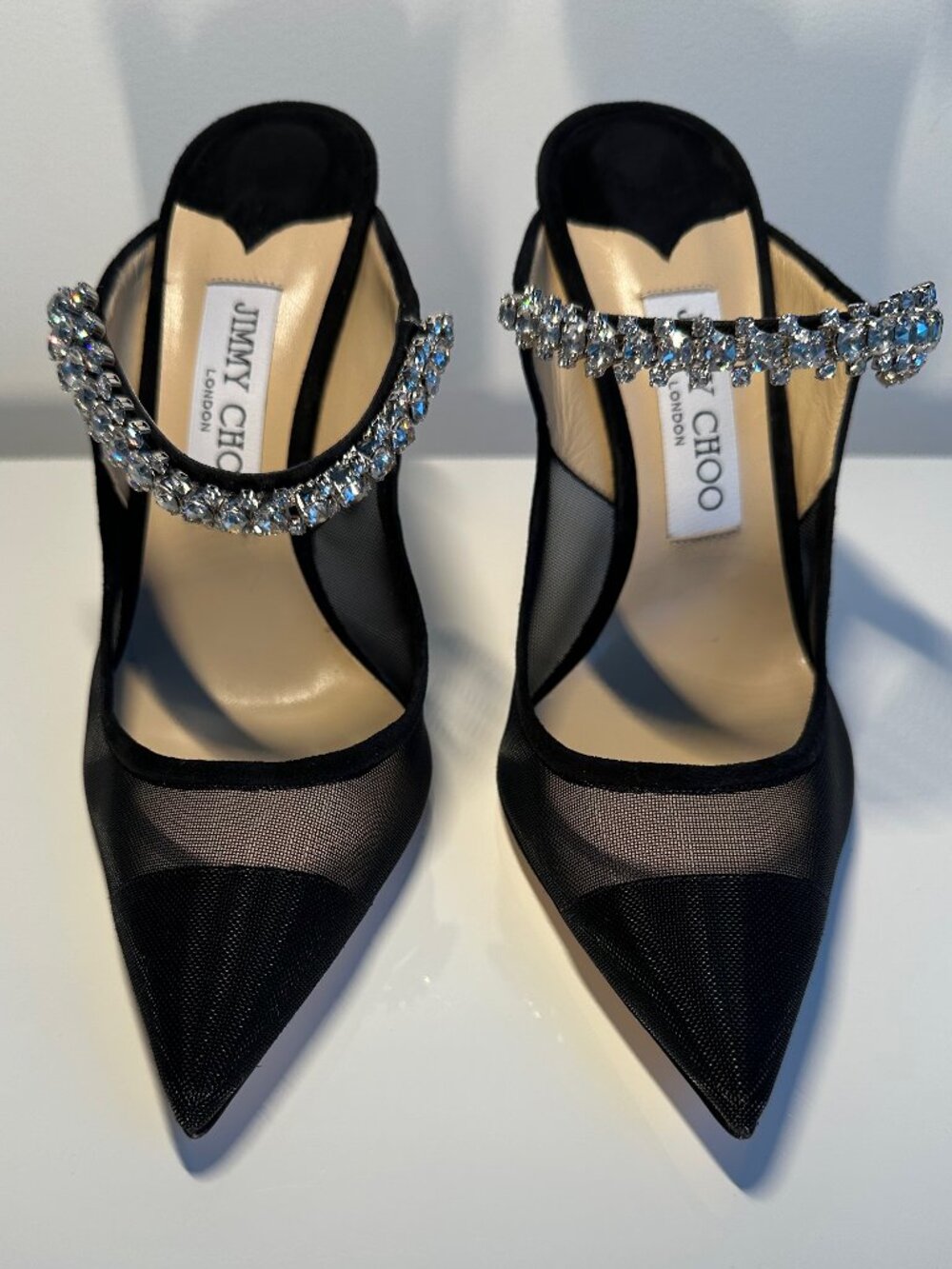 Jimmy Choo Black Mesh Pointed Toe Heels with Crystal Ankle Straps